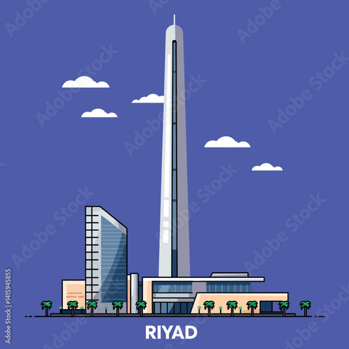Riyadh modern skyscraper and urban buildings with palm trees flat design vector illustration