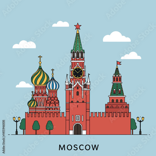 Moscow iconic architecture with colorful onion domes and clock tower flat design vector illustration