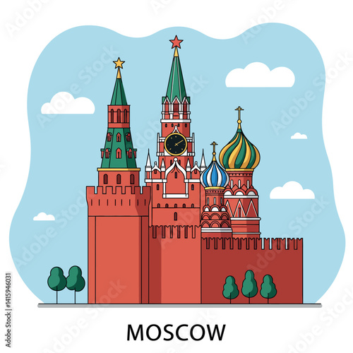 Moscow Kremlin and Saint Basils Cathedral detailed flat design with towers and colorful domes vector illustration