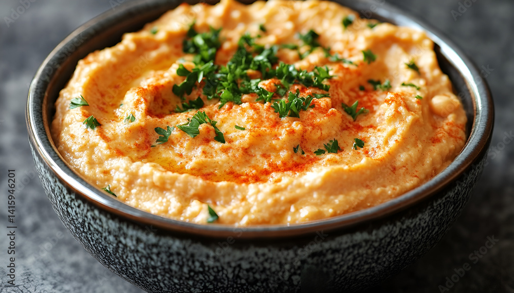 Delicious hummus with parsley, paprika and chickpeas in bowl on grey table, top view Delicious hummus with parsley, paprika and chickpeas in bowl on grey table, top view