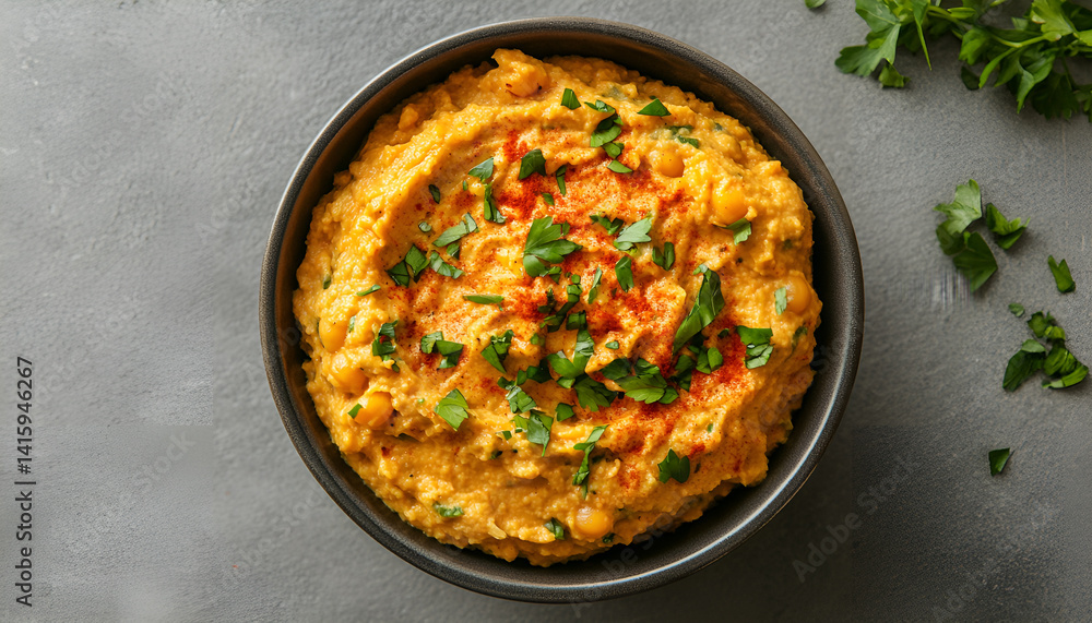 Delicious hummus with parsley, paprika and chickpeas in bowl on grey table, top view Delicious hummus with parsley, paprika and chickpeas in bowl on grey table, top view