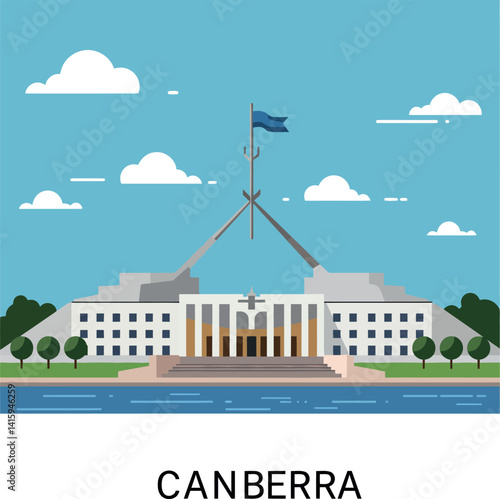 Australian Parliament House building flat vector illustration with flag and trees in Canberra landscape