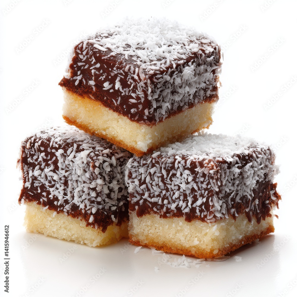 A stack of three lamington cakes with coconut flakes isolated on white background A stack of three lamington cakes with coconut flakes isolated on white background