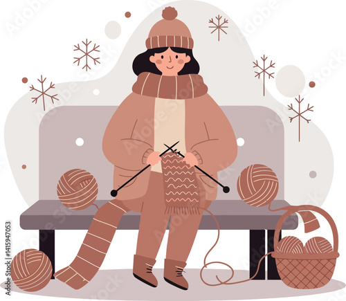 Woman knitting cozy winter scarf on bench with balls of yarn flat style vector illustration