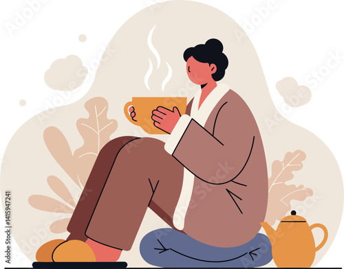 Woman in cozy robe sitting on cushion drinking hot tea with teapot nearby flat minimal vector illustration