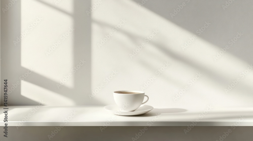 White cup of coffee on window sill, sunlit White cup of coffee on window sill, sunlit