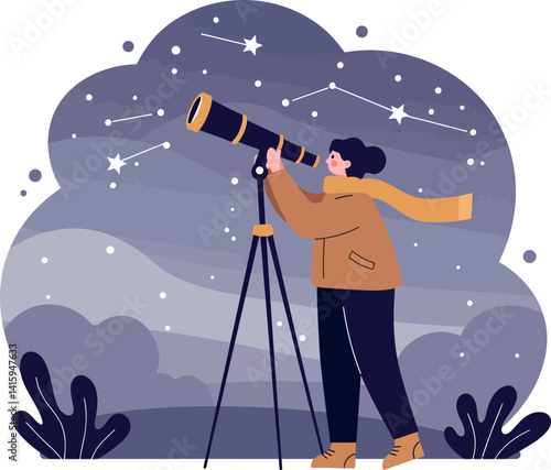 Young person observing night sky with telescope under starry constellation flat design vector illustration