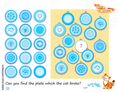 Logic puzzle for children and adults. Can you find the plate which the cat broke? Educational game. Page for kids brain teaser book. Task for attentiveness. Hand drawn vector illustration.