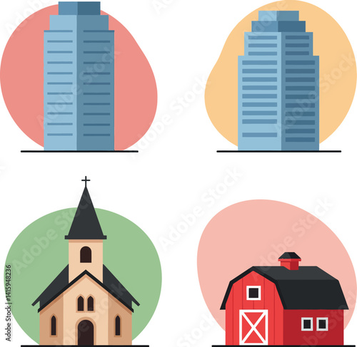 Modern skyscraper and traditional church with red barn flat design vector illustration urban and rural architecture contrast