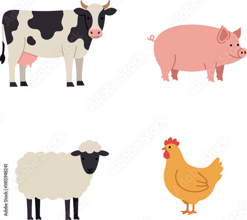 Farm animals including cow pig sheep and chicken in flat style vector illustration