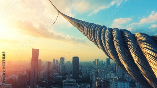 A massive steel cable rope used in construction, stretching across a skyline --ar 16:9 --v 6.1 Job ID: 0f4bdf95-61c2-464e-92c7-5441ceaea947