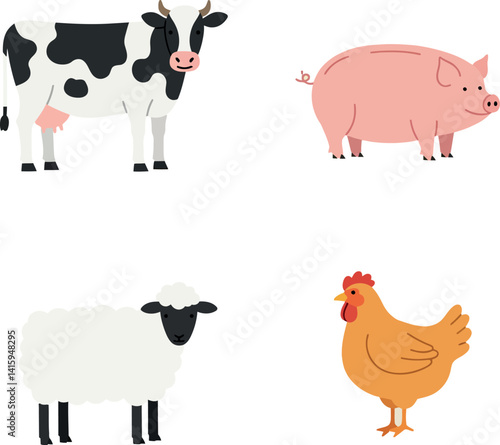 Farm animals including cow pig sheep and chicken simple flat design vector illustration