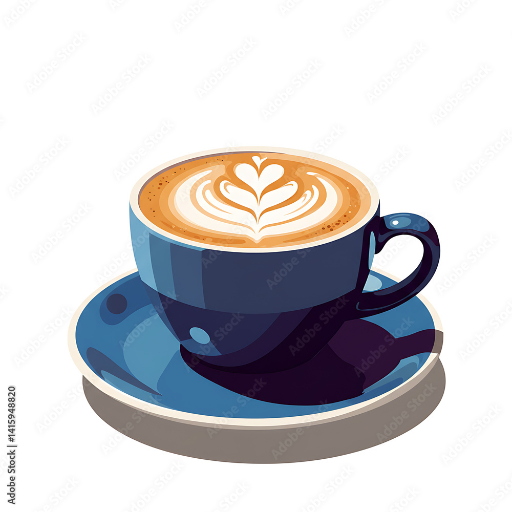 Coffee cup with latte art on blue saucer Coffee cup with latte art on blue saucer