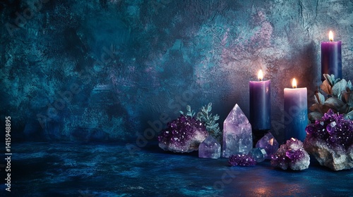 This modern witchcraft concept is beautifully captured in an esoteric still life, where candles and crystals converge to create a magical spiritual healing zen composition