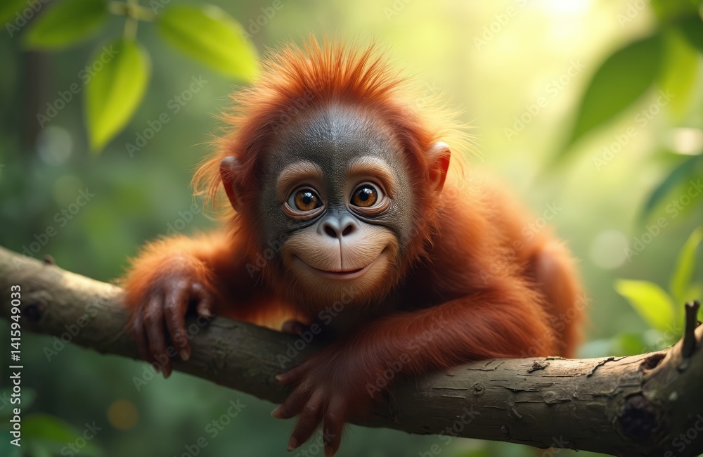 Fototapeta premium Smiling young orangutan sits on tree branch in forest. Cute ape looks camera, playful mood. Primate enjoys, green nature, environment. Orange fur, happy face, joy. AI generated art, illustration.