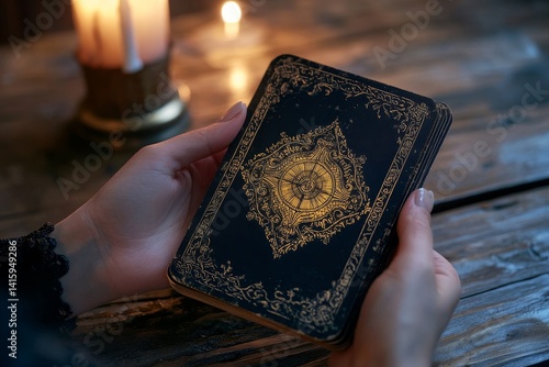In the background of an old, worn table used by a fortune teller, a gypsy's hand cradles a tarot card near a burning candle