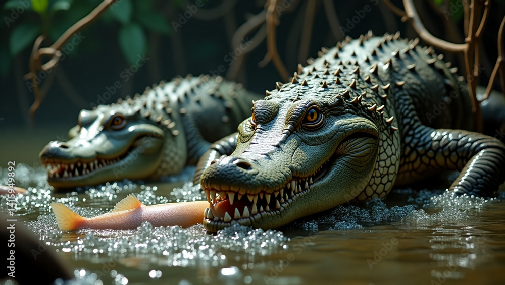 Fototapeta premium Two photorealistic alligators rest in the water. The alligators are scaly and rugged looking alert while one has a fish in its mouth.