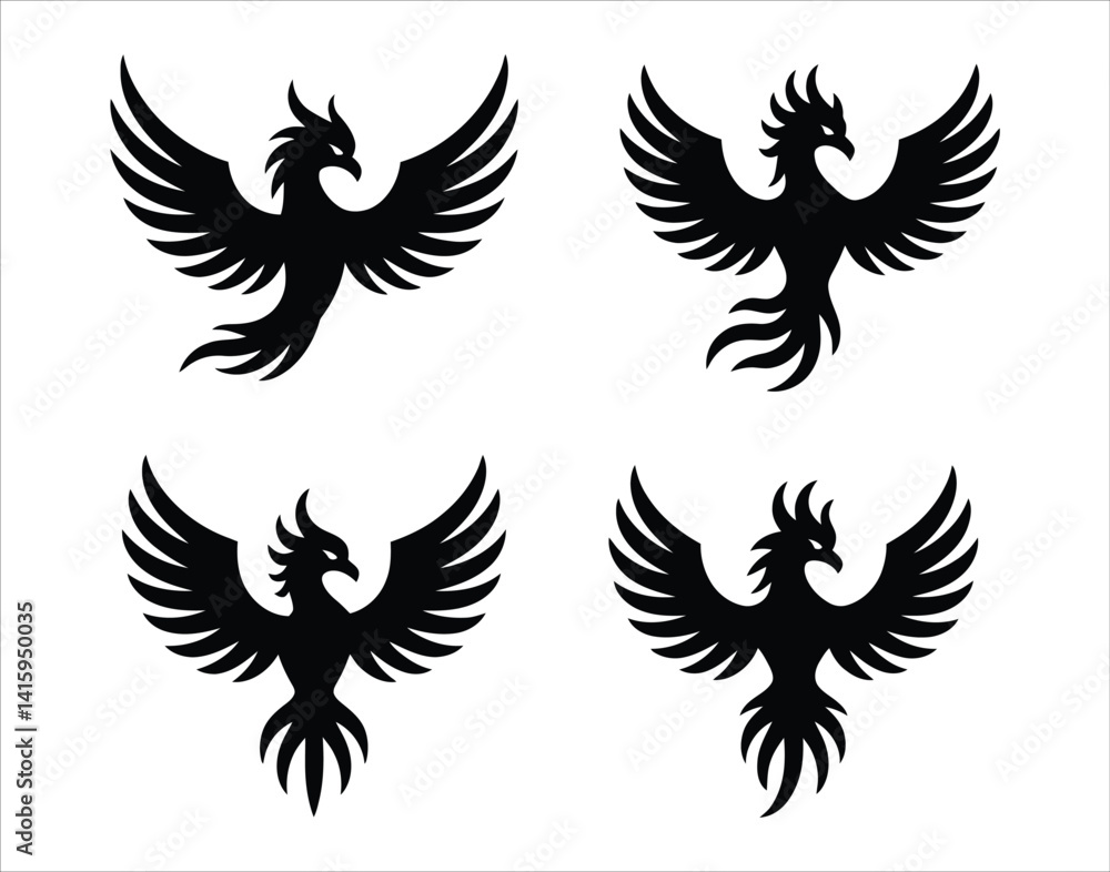 Obraz premium Phoenix Symbol Tattoo Art, High-Resolution Black Vector Silhouettes for Printable or Digital Use