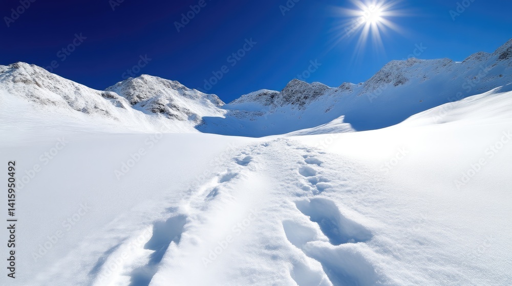 Pristine snow-covered mountain landscape with footprints leading into the distance. Vast expanse of white, towering peaks, brilliant blue sky, and a bright sun Pristine snow-covered mountain landscape with footprints leading into the distance. Vast expanse of white, towering peaks, brilliant blue sky, and a bright sun