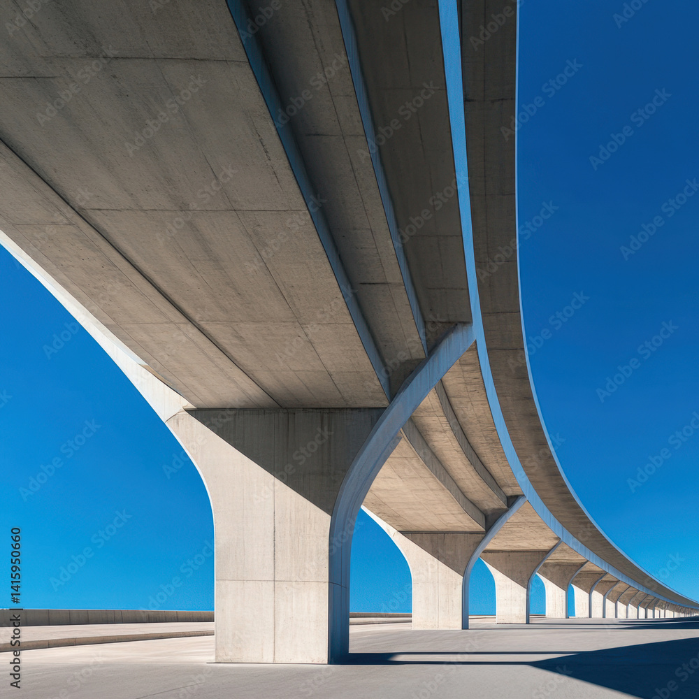 Obraz premium A modern concrete bridge against a blue sky with clouds. Architecture, engineering and infrastructure in a minimalist and clean style, a symbol of progress and development.
