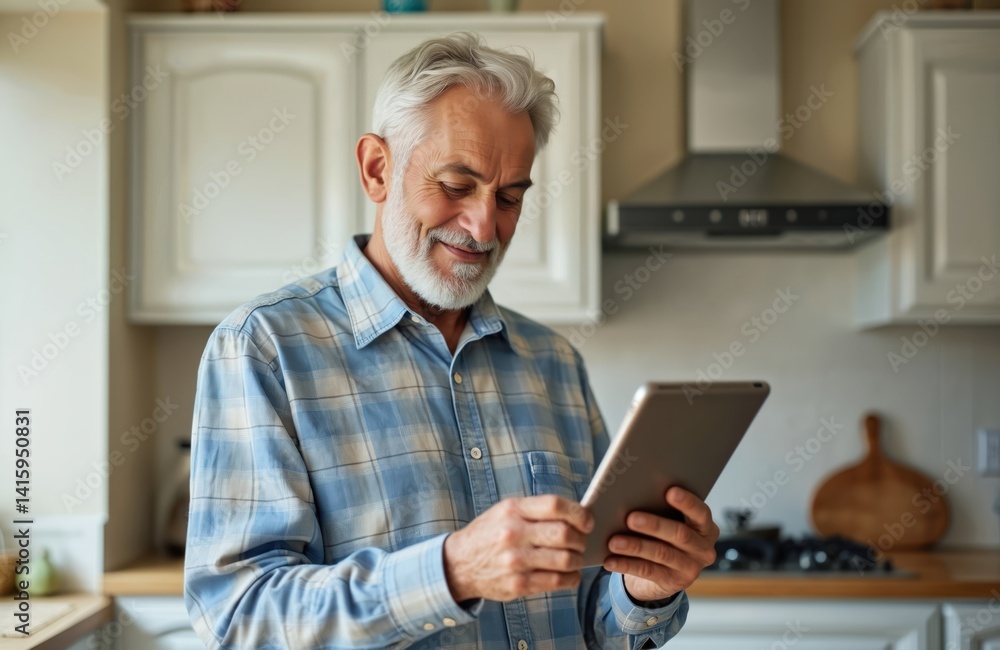Senior man uses tablet at home. Elderly male looks at screen indoors. Mature adult in kitchen doing online shopping. Modern tech, communication. Internet banking easy lifestyle, digital world. Senior man uses tablet at home. Elderly male looks at screen indoors. Mature adult in kitchen doing online shopping. Modern tech, communication. Internet banking easy lifestyle, digital world.