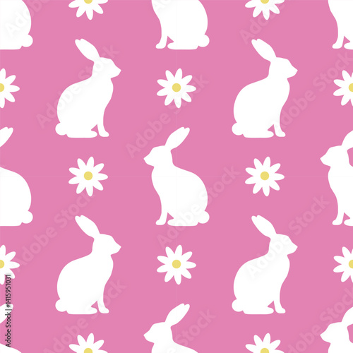 Cute spring seamless pattern with hares and daisies on a pink background. Design for children, clothes, tablecloth, paper, wallpaper, wrapper. Easter.