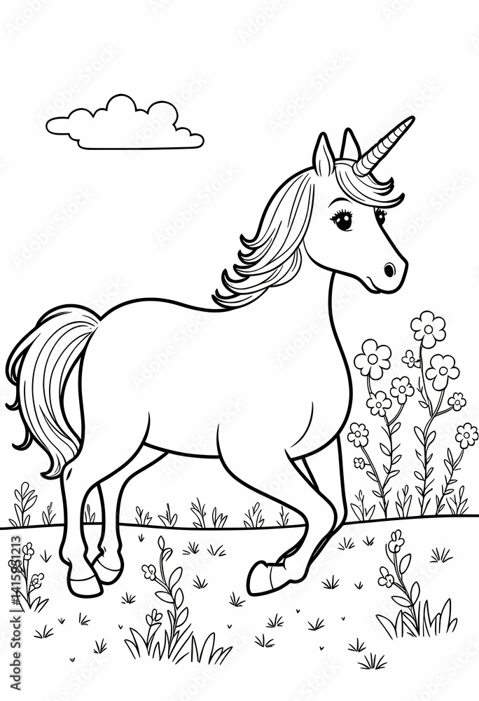 Fototapeta premium Unicorn in a Flower Field - Coloring Book Page with Clouds and Grass