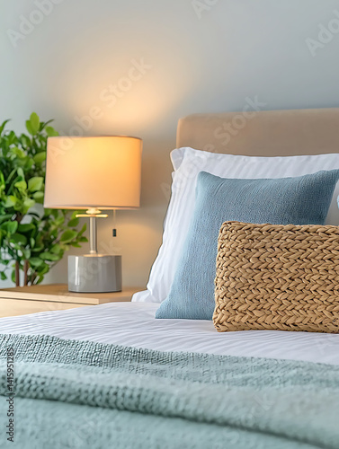 Bedside scene with lamp pillows and greenery creating a cozy inviting ambiance for relaxation and rest.