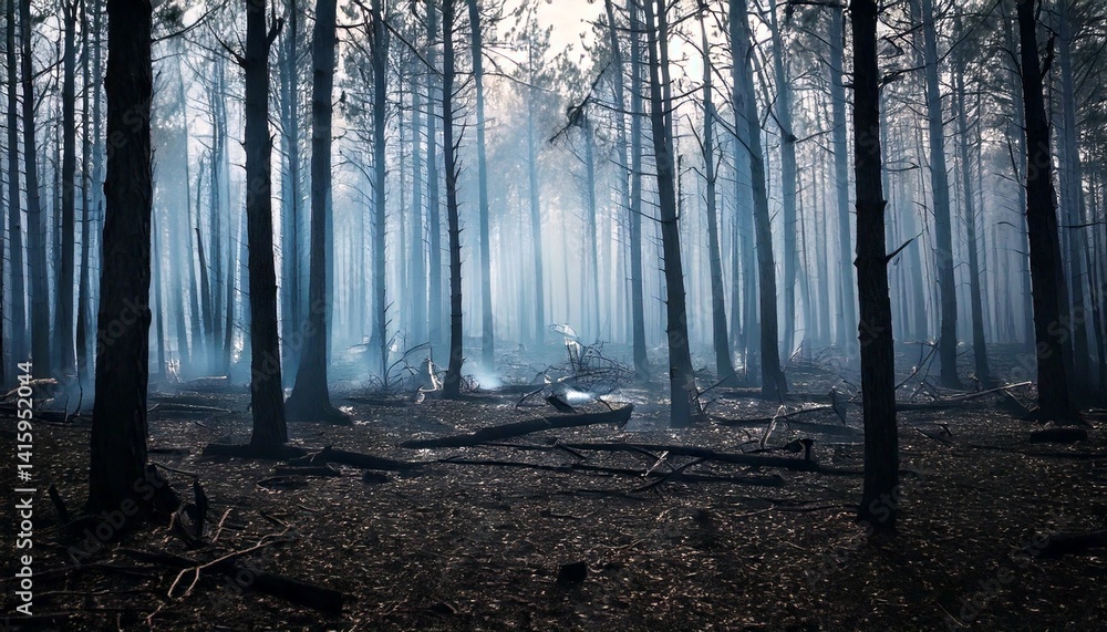 Fototapeta premium Charred tree landscape after a forest fire
