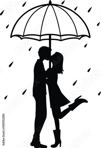 Wallpaper Mural Romantic Couple Kissing Under an Umbrella Surrounded by Falling Heart Shapes Torontodigital.ca