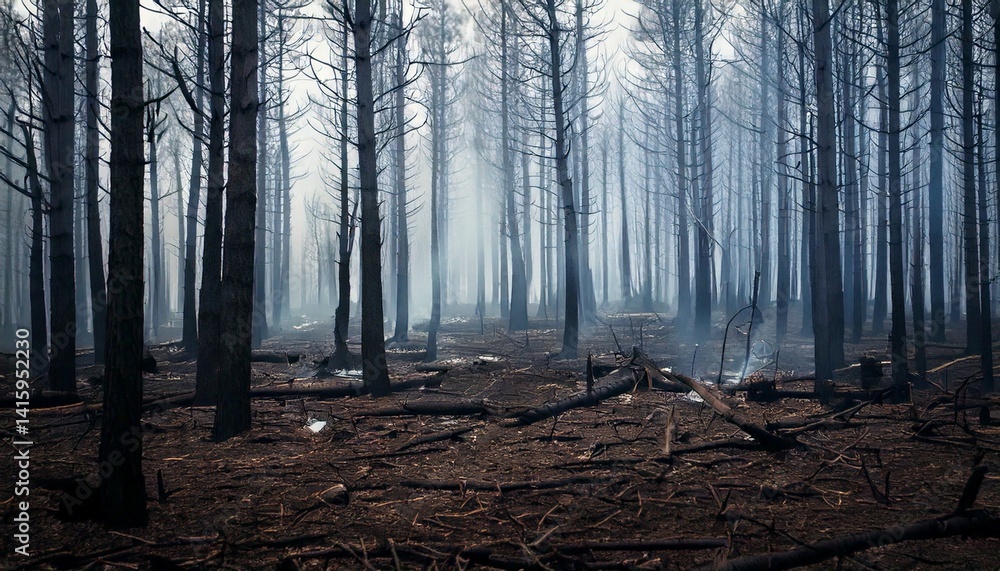 Fototapeta premium Charred tree landscape after a forest fire