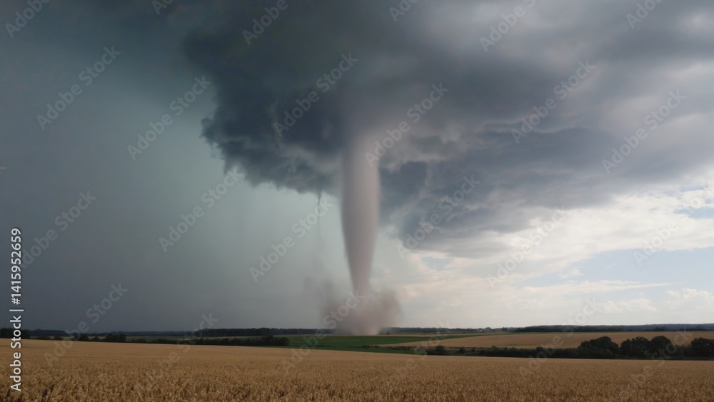 Obraz premium Dangerous tornado over farm field, with dark clouds and stormy skies.