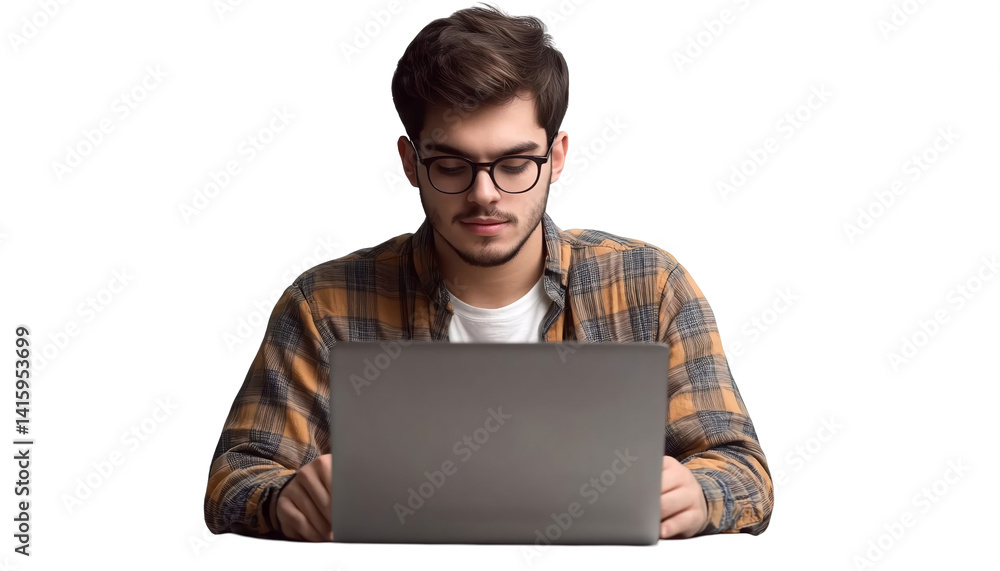 A professional person working on a laptop, isolated on a transparent background for productivity themes. A professional person working on a laptop, isolated on a transparent background for productivity themes.