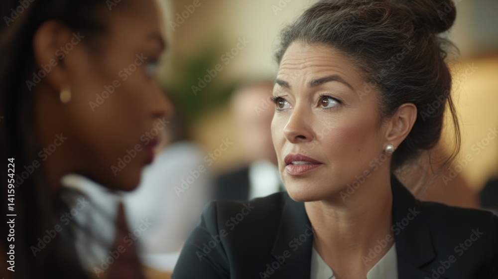 Two female politicians are discussing and listening during a political meeting inside the congress building, possibly debating about new laws or political strategies