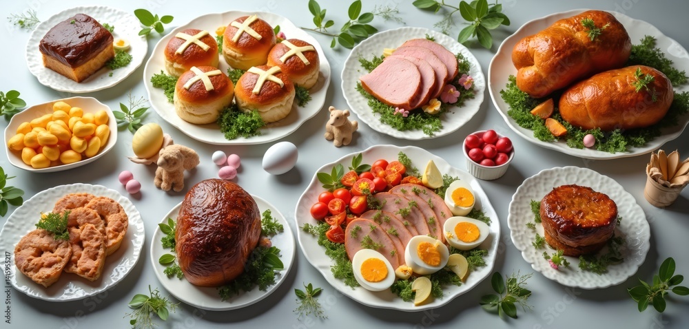 Traditional Easter holiday table setting with various dishes. Easter dinner includes ham, eggs, hot cross buns, cake, roasted meat, tomatoes, bread rolls. Festive food for holiday celebration. Traditional Easter holiday table setting with various dishes. Easter dinner includes ham, eggs, hot cross buns, cake, roasted meat, tomatoes, bread rolls. Festive food for holiday celebration.