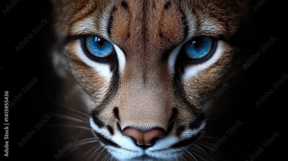 Obraz premium Close-up of a captivating wild cat with striking blue eyes. Intense gaze and detailed facial features