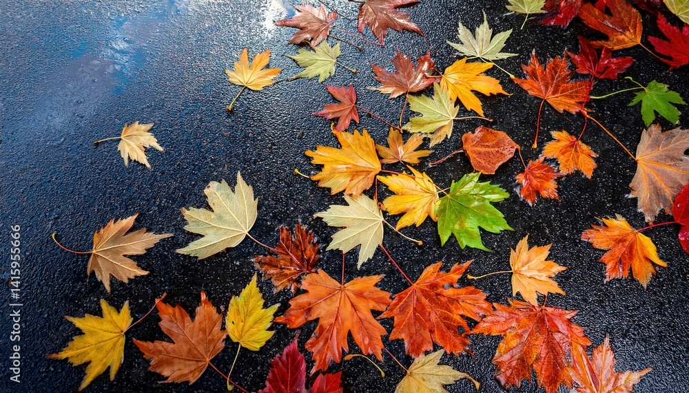 Colorful autumn leaves on wet pavement after rainfall Colorful autumn leaves on wet pavement after rainfall