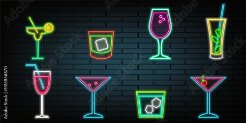 Neon cocktail set. Cocktails neon icon collection. several bright models. various icons.