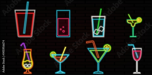 Neon cocktail icon set. popular alcoholic isolated cocktails on brick wall background.