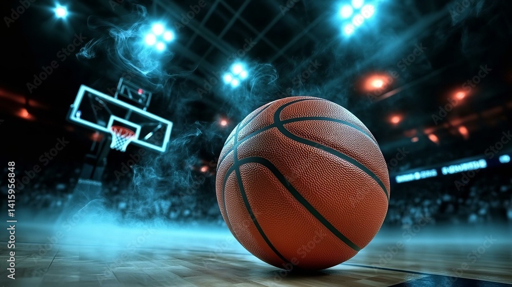 Obraz premium Basketball on the color smoke background. Basketball banner background. Basketball background. Abstract dark basketball background with copy space.