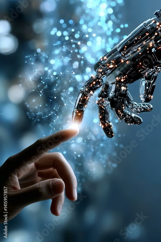 AI Machine learning Hands of robot and human touching on big data network connection background Science and artificial intelligence technology innovation and futuristic