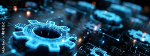Digital 3d gear icon with binary code artificial intelligence in system setting optimization automation workflows software customization options and personalized user interfaces design