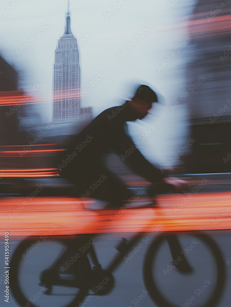 Obraz premium Silhouette of a cyclist riding through a city street with motion blur