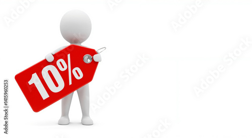 Minimalist 3D character with glossy finish holding a bright red price tag displaying a discount, symbolizing retail and sales urgency against a plain white background