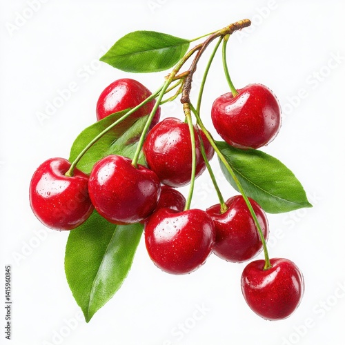 Cherries on branch, fresh, red, ripe isolated on white background