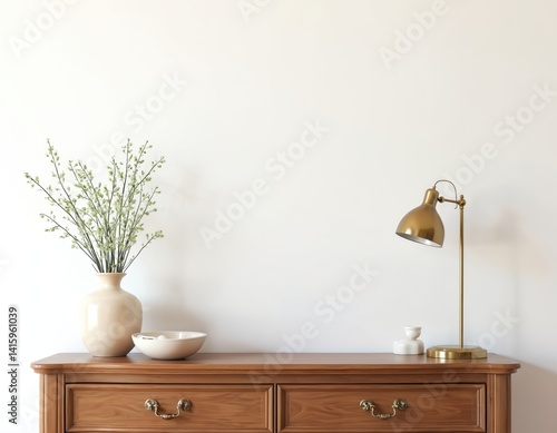 Fototapeta Naklejka Na Ścianę i Meble -  Classic wooden chest of drawers with brass lamp, twigs in vase and ceramic bowl on white wall. Minimalist home decor interior design illustration with neutral colors. Cozy, bright, simple.