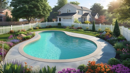 Beautiful Backyard Oasis with Kidney-Shaped Swimming Pool and Flower Garden