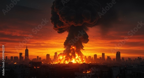 Catastrophic explosion illuminating a city skyline at sunset  