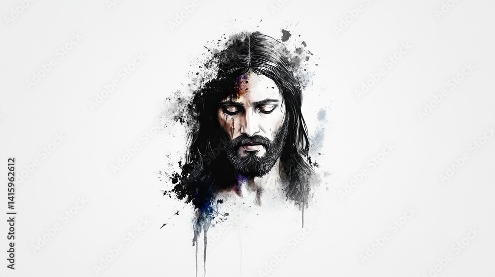 Digital illustration depicts Jesus Christ with eyes closed and long hair, appearing amidst abstract ink splatters on a white background.