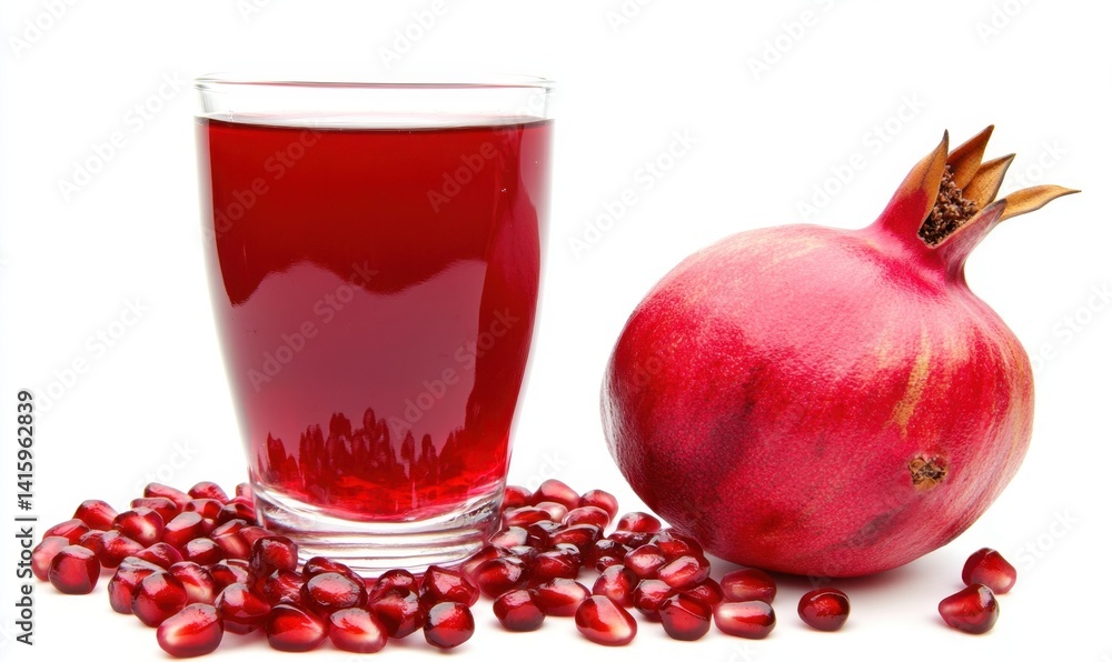 Fresh pomegranate juice, fruit, and seeds. Healthy drink. White background. Food photography Fresh pomegranate juice, fruit, and seeds. Healthy drink. White background. Food photography